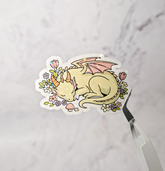 Floral Sleeping Dragon Holographic Sticker – Fantasy Dragon, Planner & Laptop Decal