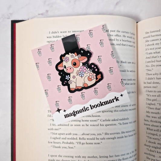 Floral Spring Cow Magnetic Bookmark | Cute Farm Animal Page Marker | Bookish Gift for Readers
