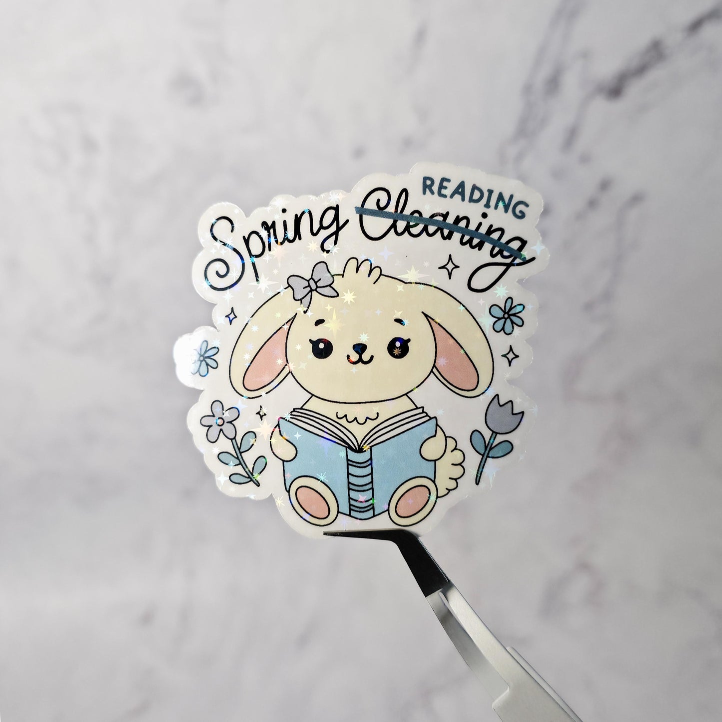 Spring Reading Baby Bunny Holographic Sticker – Farm Animal, Bookish & Planner Decor