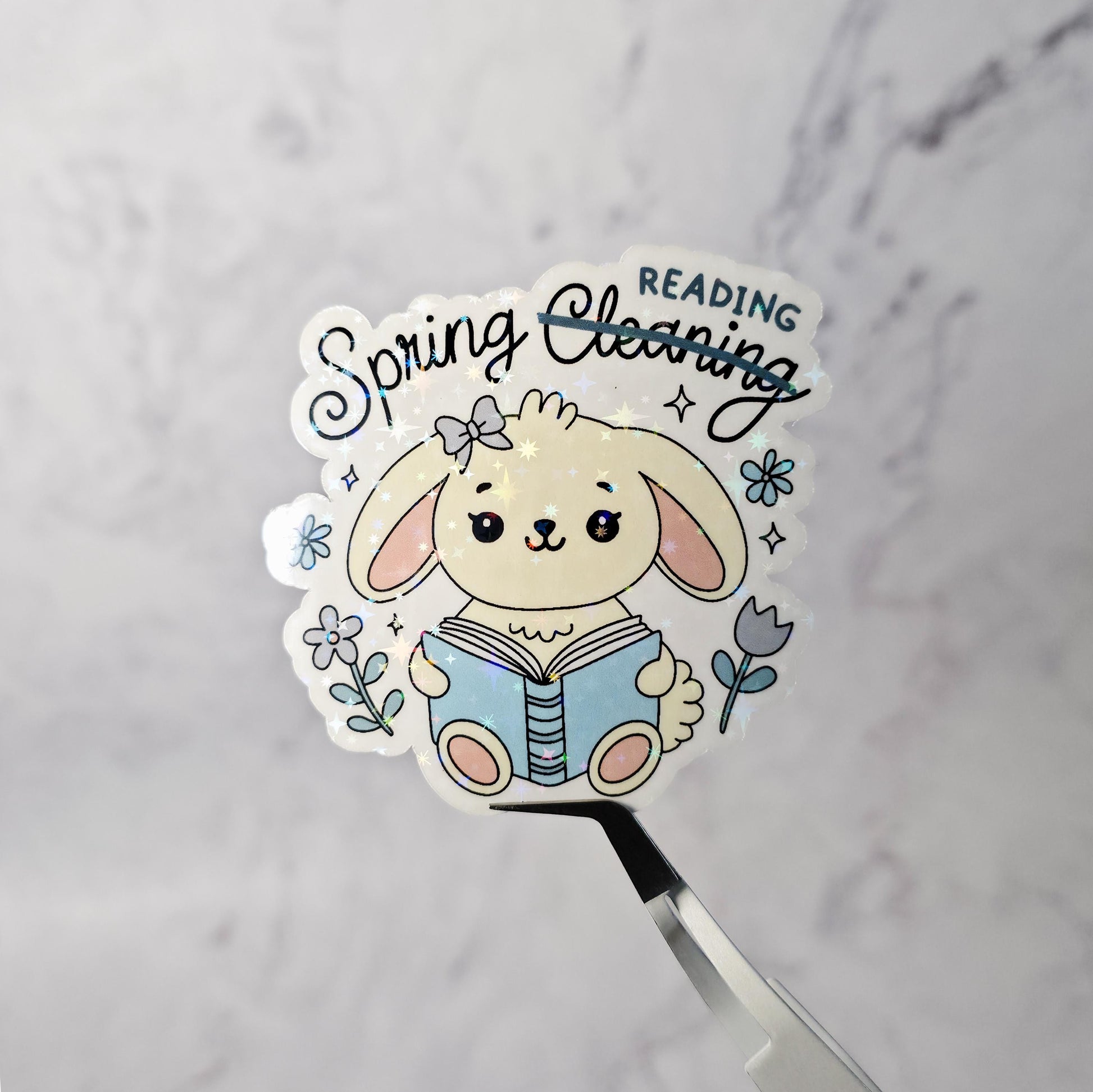 Spring Reading Baby Bunny Holographic Sticker – Farm Animal, Bookish & Planner Decor