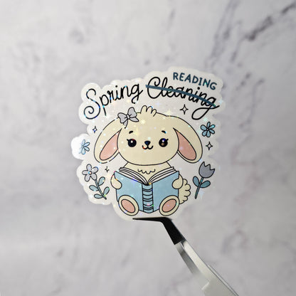 Spring Reading Baby Bunny Holographic Sticker – Farm Animal, Bookish & Planner Decor