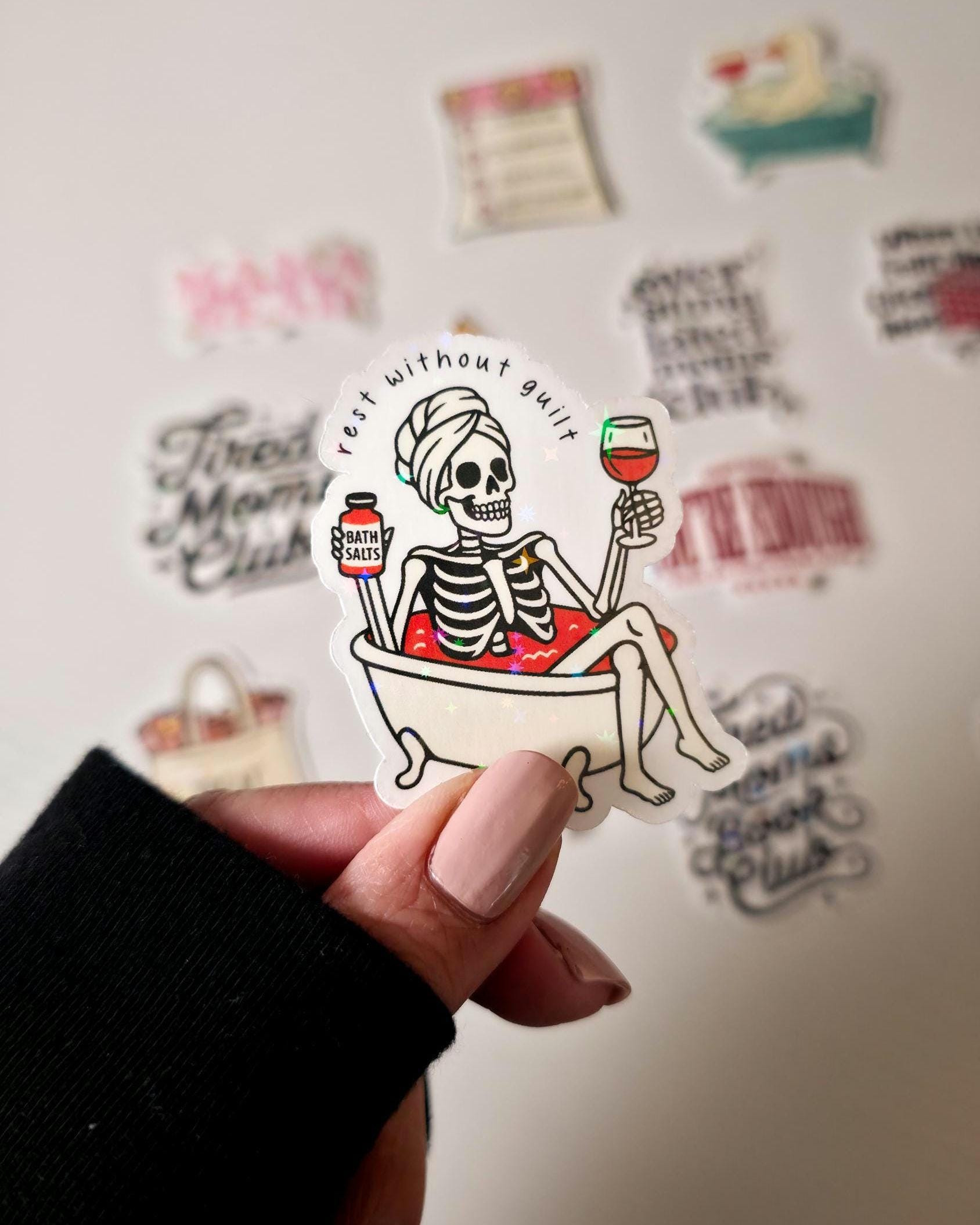 Rest Without Guilt Holographic Sticker: Funny Skelly Decal
