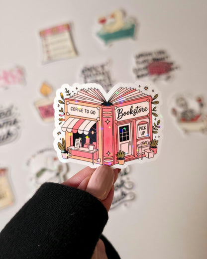 Coffee Bookstore Holographic Sticker | Bookworm Decal
