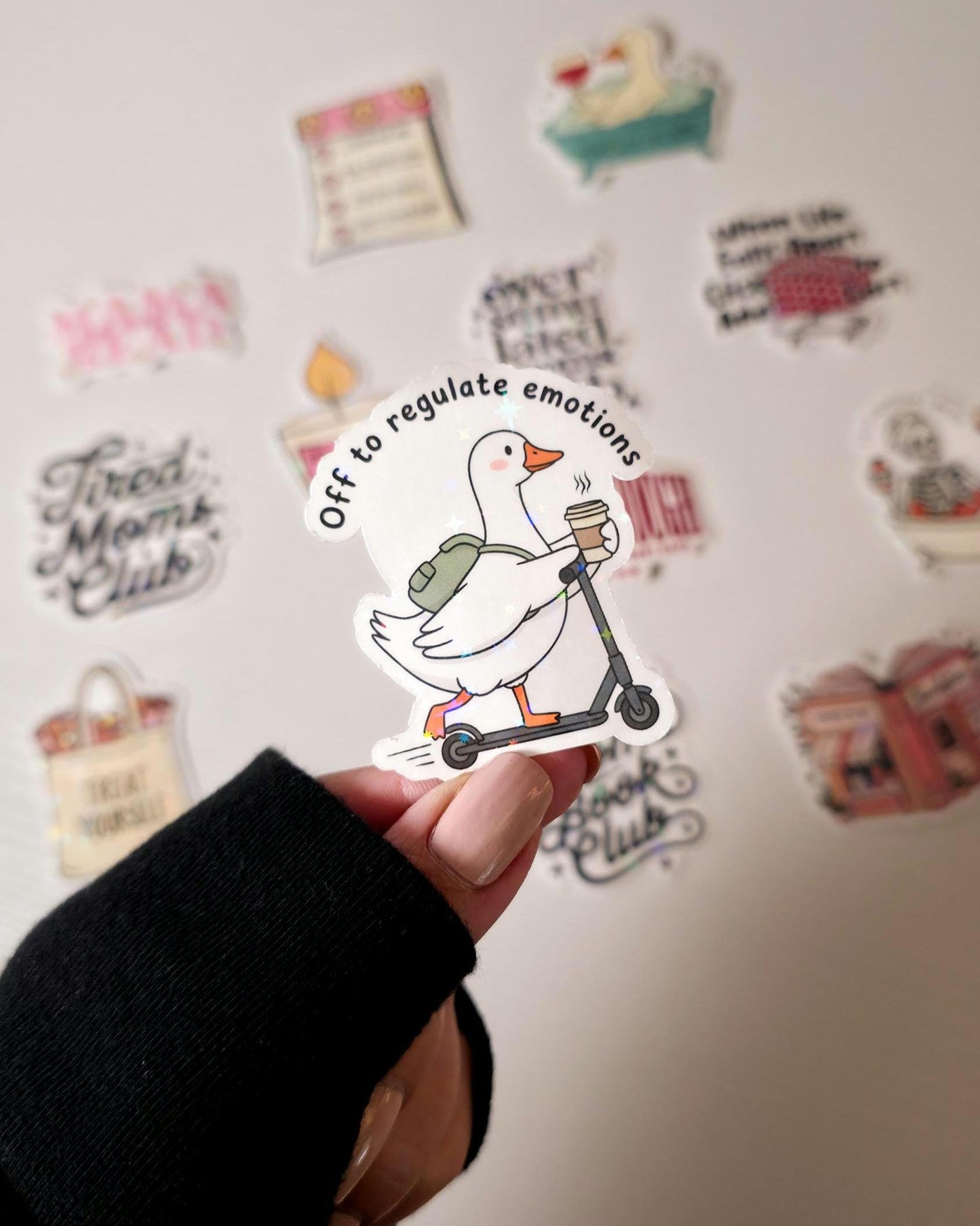 Off To Regulate Emotions Sticker: Holographic Scooter Goose Decal