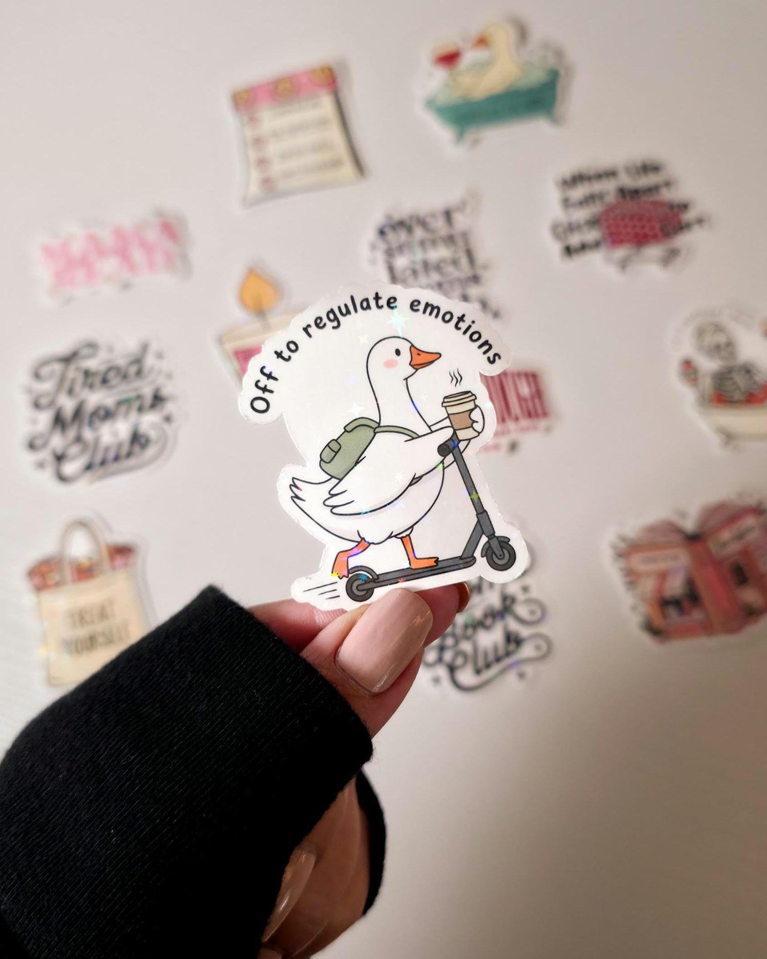 Off To Regulate Emotions Sticker: Holographic Scooter Goose Decal