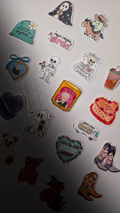 Cute Skelly Floral Holographic Sticker: Spooky Boho Skeleton Decal