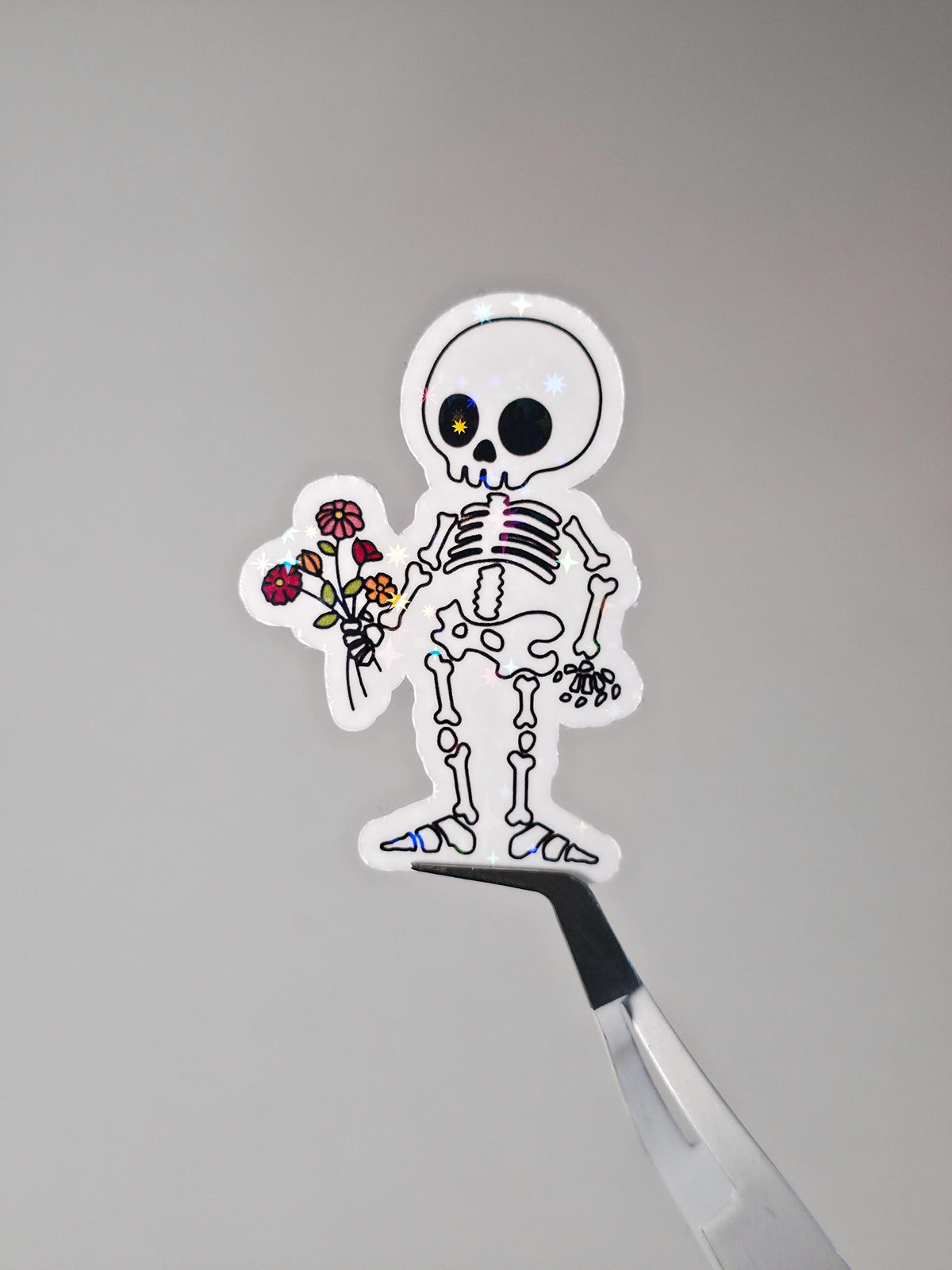 Cute Skelly Floral Holographic Sticker: Spooky Boho Skeleton Decal