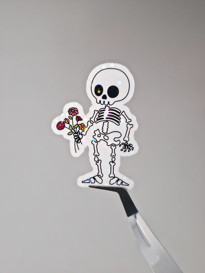 Cute Skelly Floral Holographic Sticker: Spooky Boho Skeleton Decal