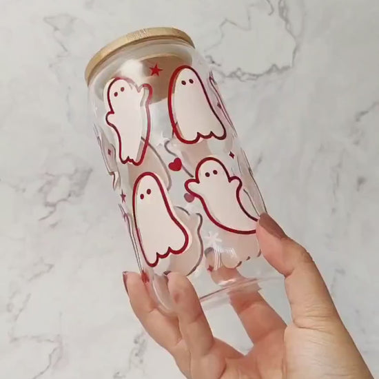 Cute Pink and Blue Ghost Cup, Glow In The Dark Spooky Cup, Halloween Iced Coffee Beer Can, Halloween Glass Tumbler, Cute Gift for Halloween