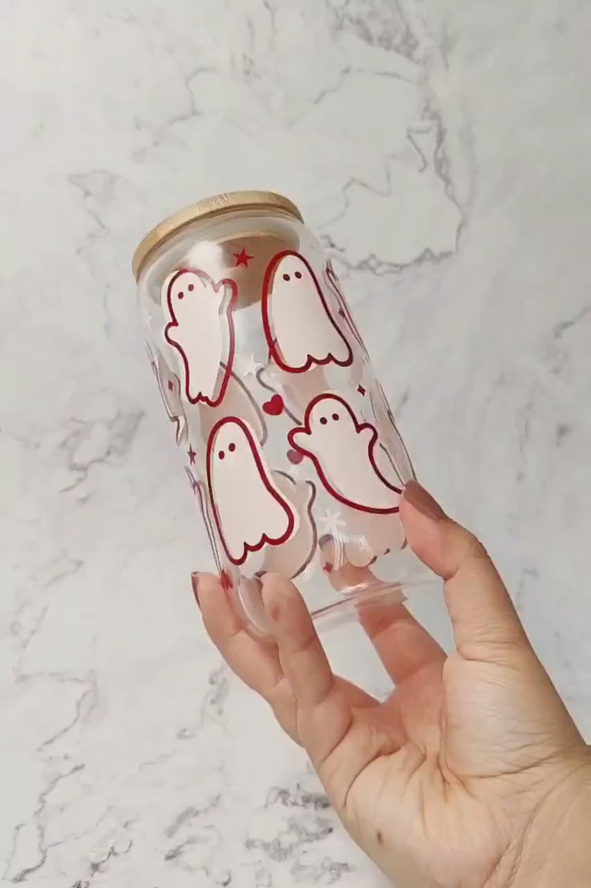 Cute Pink and Blue Ghost Cup, Glow In The Dark Spooky Cup, Halloween Iced Coffee Beer Can, Halloween Glass Tumbler, Cute Gift for Halloween