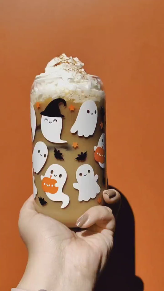 Ghost Witch Hats, Cute Spooky Ghost Coffee Glass Can, Fall Pumpkin Can Shaped Glass, Halloween Fall Beer Cup with Bamboo Lid, Spooky Gift