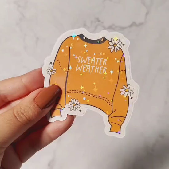 Sweater Weather Holographic Sticker, Iced Coffee Sticker, Easy Peel, Water Resistant, Cute Cozy Sweater, Autumn Season Gift