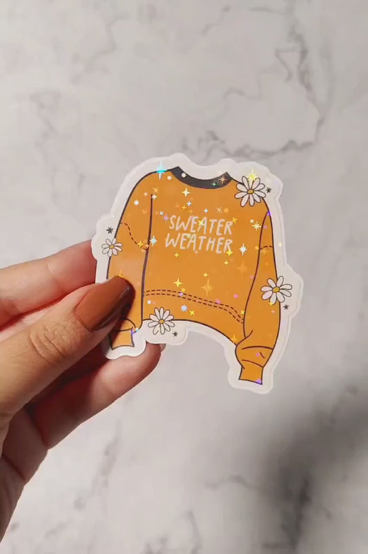Sweater Weather Holographic Sticker, Iced Coffee Sticker, Easy Peel, Water Resistant, Cute Cozy Sweater, Autumn Season Gift