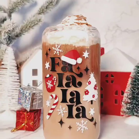 Falalala Christmas Iced Coffee Glass Cup, Festive Christmas Glass Cup with Bamboo Lid, Christmas Gift, 16oz and 20oz Holiday Libbey