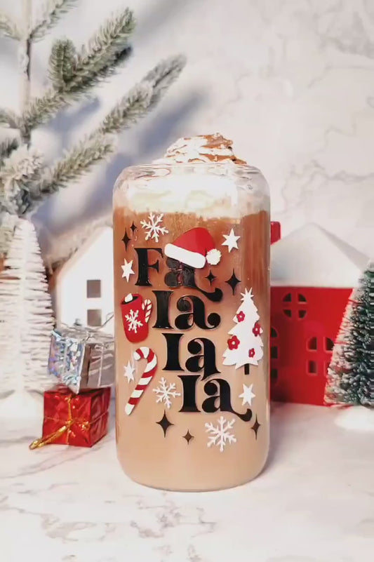 Falalala Christmas Iced Coffee Glass Cup, Festive Christmas Glass Cup with Bamboo Lid, Christmas Gift, 16oz and 20oz Holiday Libbey