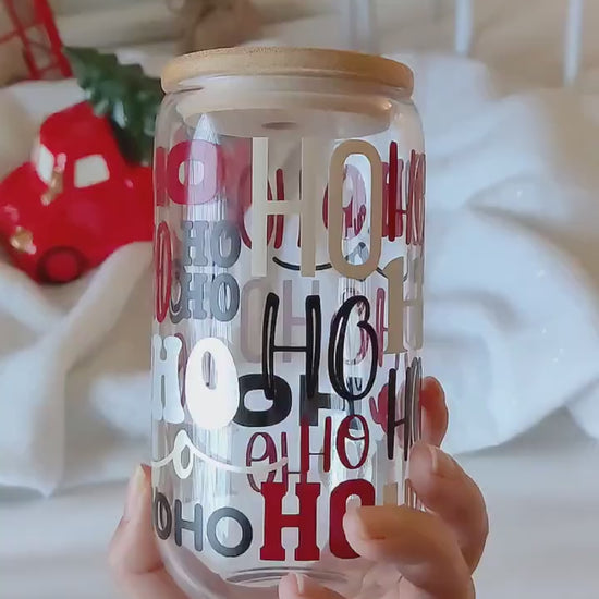 HoHoHo Christmas Iced Coffee Cup, Hot Cocoa Cup, Christmas Gift Idea, Xmas Beer Can, Coffee Mug, Xmas Glass Tumbler Cup with Lid and Straw