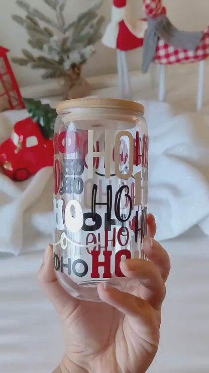 HoHoHo Christmas Iced Coffee Cup, Hot Cocoa Cup, Christmas Gift Idea, Xmas Beer Can, Coffee Mug, Xmas Glass Tumbler Cup with Lid and Straw