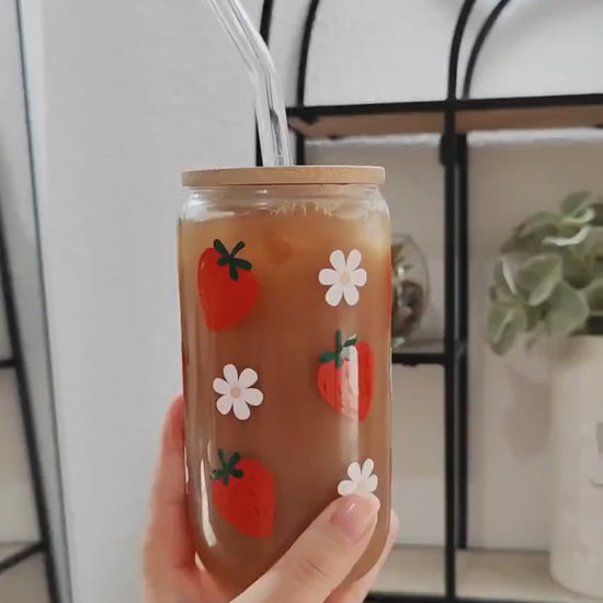 Strawberry Daisy Glass Cup, Fruit Trendy Glass Beer Can, Iced Coffee Glass, Summer Aesthetic Fruit Glass, Bamboo Lid and Straw, 16 and 20 oz