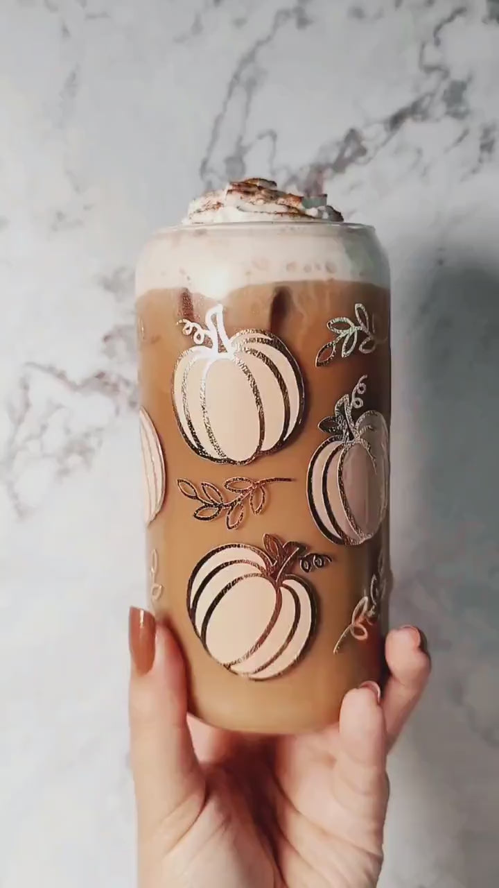 Fall Shimmery Pumpkin Coffee Glass Cup, Autumn Pumpkin Libbey Beer Glass, Cute Fall Cup, Autumn Iced Coffee Can, Gift for Fall Season Lovers