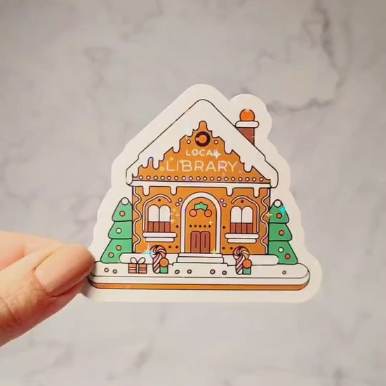 Gingerbread House Library Holographic Sticker, Christmas Sticker, Laptop/Water Bottle Sticker, Water Resistant, Cute Bookworm Gift