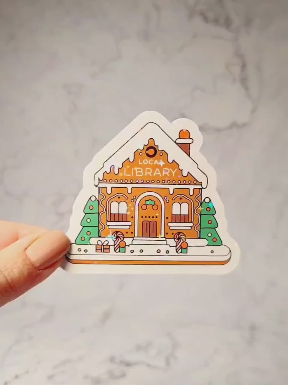 Gingerbread House Library Holographic Sticker, Christmas Sticker, Laptop/Water Bottle Sticker, Water Resistant, Cute Bookworm Gift