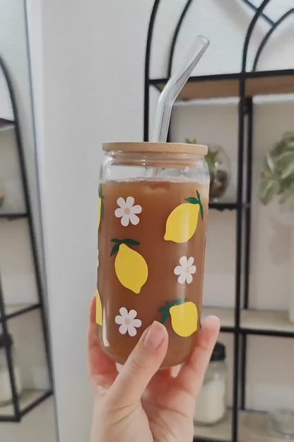 Lemon Daisy Glass Can, Lemon Iced Coffee Cup, Lemon Citrus Glass, Summer Aesthetic Cup, Summer Fruit Glass, Beer Glass Can. 16 and 20 oz