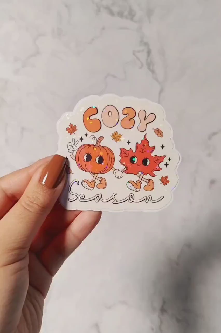 Cozy Season Holographic Sticker, Iced Coffee Sticker, Easy Peel, Water Resistant, Cute Pumpkin and Leaf, Autumn Season Gift