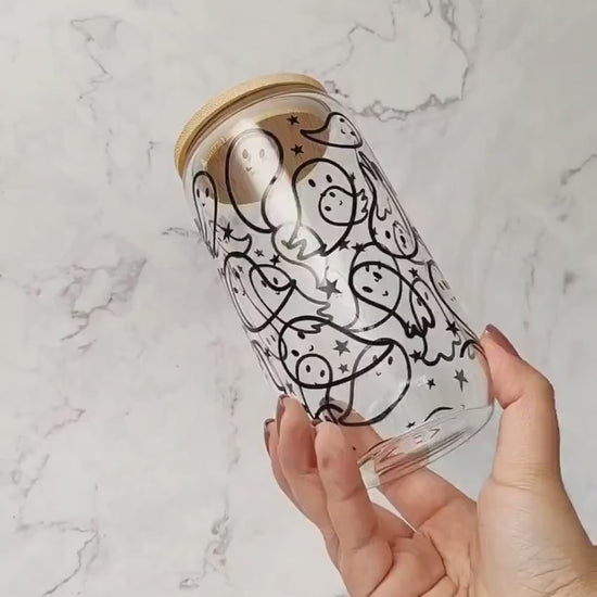 Cute Flying Ghost Glass Can, Glow In The Dark Glass Cup, Cute Spooky Gift, Iced Coffee Cup, Halloween Glass Tumbler, Ghost Glass Beer Can