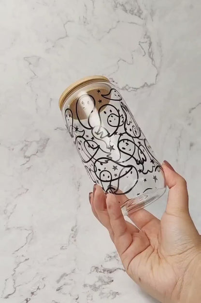 Cute Flying Ghost Glass Can, Glow In The Dark Glass Cup, Cute Spooky Gift, Iced Coffee Cup, Halloween Glass Tumbler, Ghost Glass Beer Can