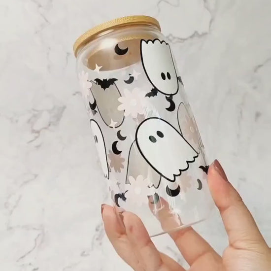 Flower Ghost Coffee Glass Cup, Fall Beer Glass Can, Cute Halloween Iced Coffee Cup, Pink Spooky Tumbler, Spooky Cup, Libbey Fall Spooky Gift