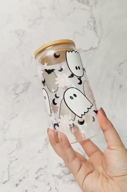 Flower Ghost Coffee Glass Cup, Fall Beer Glass Can, Cute Halloween Iced Coffee Cup, Pink Spooky Tumbler, Spooky Cup, Libbey Fall Spooky Gift