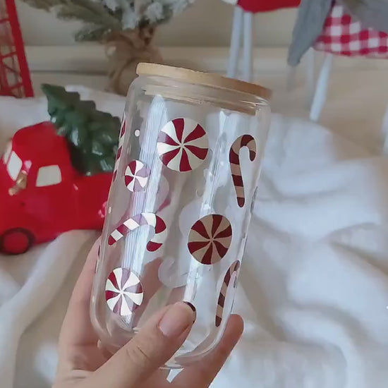 Peppermint Candy Cane Cup, Christmas Candy Cane Glass Cup, Iced Coffee Cup, Hot Cocoa Glass Cup with Bamboo Lid, Christmas Gift for Friend