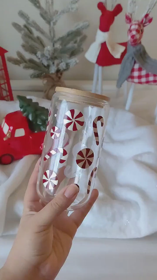 Peppermint Candy Cane Cup, Christmas Candy Cane Glass Cup, Iced Coffee Cup, Hot Cocoa Glass Cup with Bamboo Lid, Christmas Gift for Friend