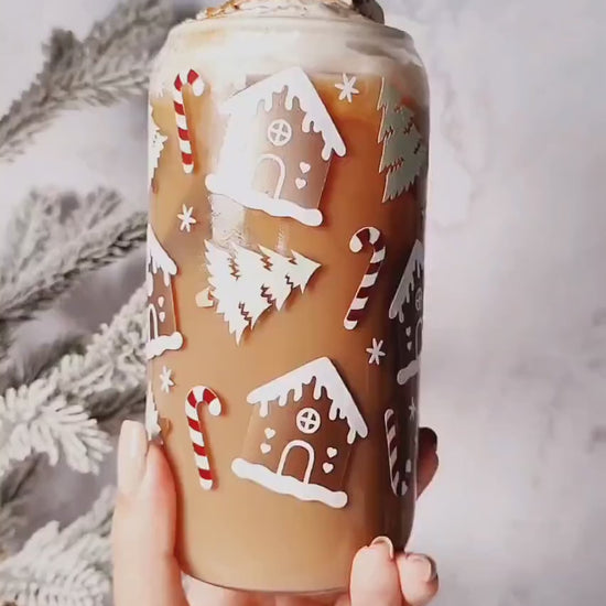 Gingerbread House Iced Coffee Glass Cup, Festive Christmas Glass Cup with Bamboo Lid, Christmas Gift, 16oz and 20oz Holiday Libbey