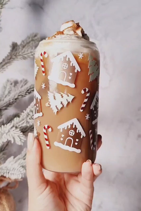 Gingerbread House Iced Coffee Glass Cup, Festive Christmas Glass Cup with Bamboo Lid, Christmas Gift, 16oz and 20oz Holiday Libbey