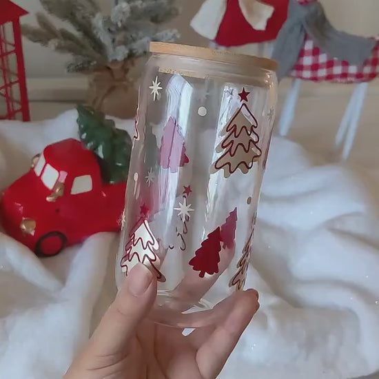 Christmas Tree Iced Coffee Cup, Christmas Gift, Cute Holiday Cup, Holiday Glass Can, Winter Cup with Lid and Straw, Libbey Beer Soda Can