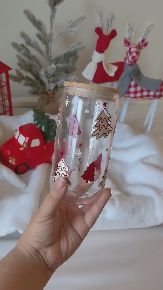 Christmas Tree Iced Coffee Cup, Christmas Gift, Cute Holiday Cup, Holiday Glass Can, Winter Cup with Lid and Straw, Libbey Beer Soda Can