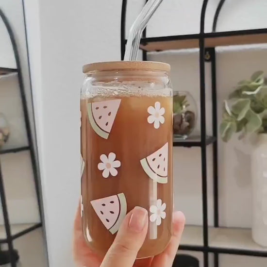 Watermelon Daisy Glass Cup, Fruit Trendy Glass Beer Can, Iced Coffee Glass, Summer Aesthetic Fruit Glass, Bamboo Lid and Straw, 16 and 20 oz