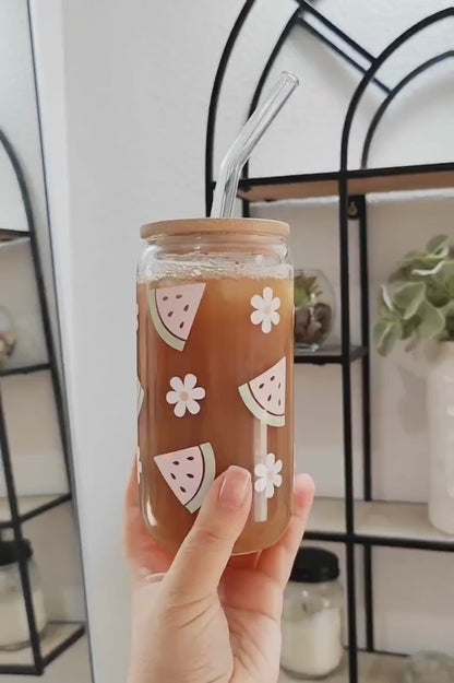 Watermelon Daisy Glass Cup, Fruit Trendy Glass Beer Can, Iced Coffee Glass, Summer Aesthetic Fruit Glass, Bamboo Lid and Straw, 16 and 20 oz