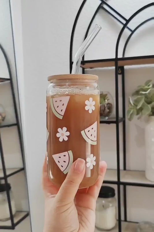 Watermelon Daisy Glass Cup, Fruit Trendy Glass Beer Can, Iced Coffee Glass, Summer Aesthetic Fruit Glass, Bamboo Lid and Straw, 16 and 20 oz