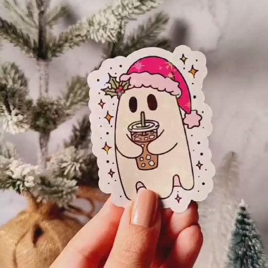 Christmas Iced Coffee Ghost Holographic Sticker, Spooky Christmas Sticker, Laptop/Water Bottle Sticker, Water Resistant, Cute Ghost Gift