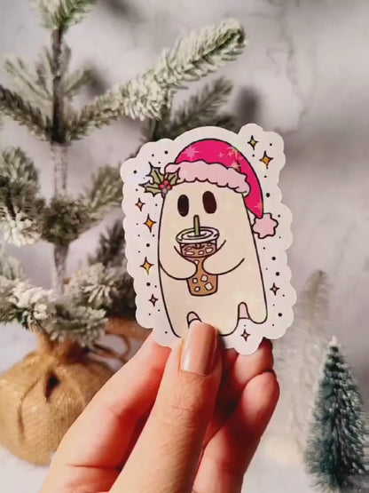 Christmas Iced Coffee Ghost Holographic Sticker, Spooky Christmas Sticker, Laptop/Water Bottle Sticker, Water Resistant, Cute Ghost Gift