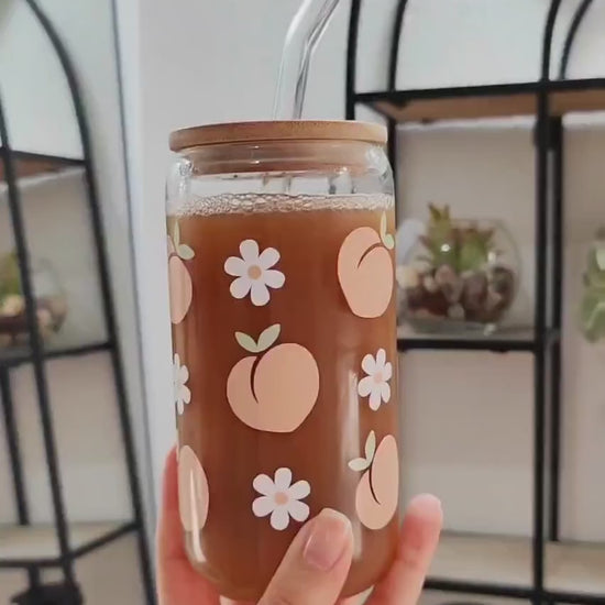 Peach Daisy Glass Can, Peach Iced Coffee Cup, Fruit Trendy Glass Can, Summer Aesthetic Cup, Summer Fruit Glass, Beer Glass Can. 16 and 20 oz