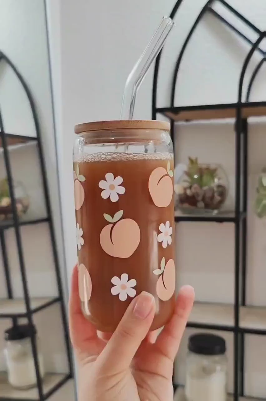 Peach Daisy Glass Can, Peach Iced Coffee Cup, Fruit Trendy Glass Can, Summer Aesthetic Cup, Summer Fruit Glass, Beer Glass Can. 16 and 20 oz