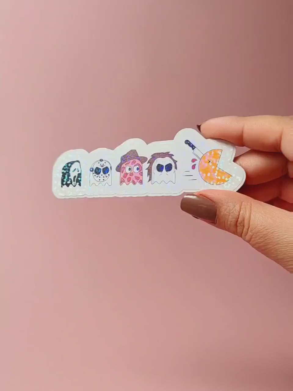 Pacman Halloween Character Holographic Sticker, Halloween Horror Friends, Easy Peel, Water Resistant, Gift for Horror Lovers, Spooky Gift