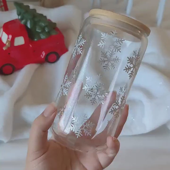 Snowflake Iced Coffee Cup, Christmas Hot Cocoa Glass Cup, Minimalist Holiday Cup, Snowy Glass Cup with Lid and Straw, Winter Snow Gift Cup