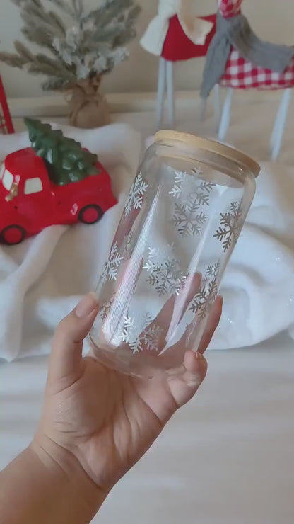 Snowflake Iced Coffee Cup, Christmas Hot Cocoa Glass Cup, Minimalist Holiday Cup, Snowy Glass Cup with Lid and Straw, Winter Snow Gift Cup