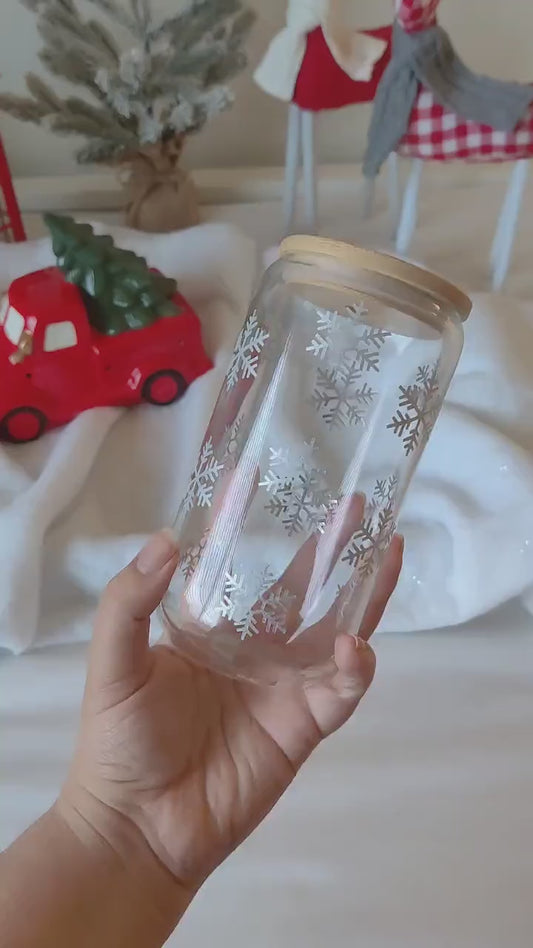 Snowflake Iced Coffee Cup, Christmas Hot Cocoa Glass Cup, Minimalist Holiday Cup, Snowy Glass Cup with Lid and Straw, Winter Snow Gift Cup