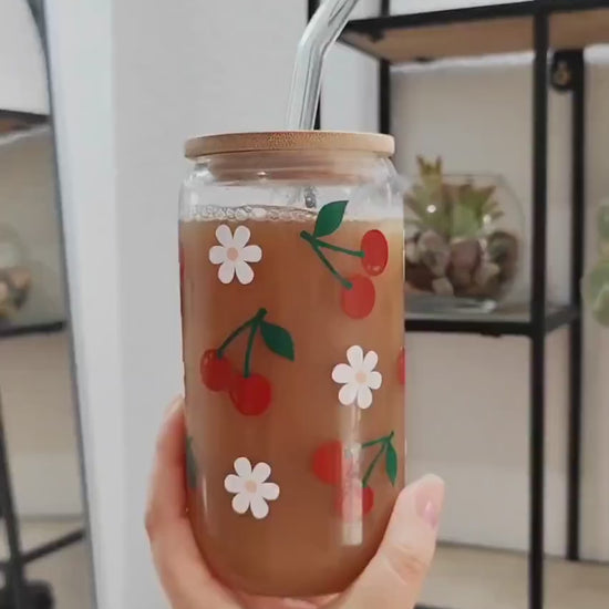 Cherry Daisy Glass Cup, Fruit Trendy Glass Beer Can, Iced Coffee Glass, Summer Aesthetic Fruit Glass, Bamboo Lid and Straw, 16 and 20 oz