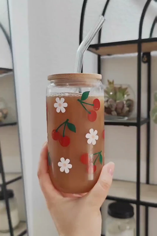 Cherry Daisy Glass Cup, Fruit Trendy Glass Beer Can, Iced Coffee Glass, Summer Aesthetic Fruit Glass, Bamboo Lid and Straw, 16 and 20 oz